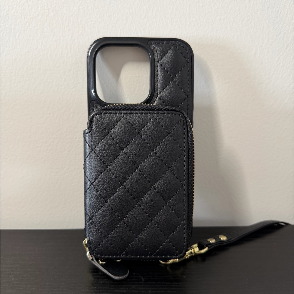 iPhone 14 Pro Black Quilted Phone Case with Wallet